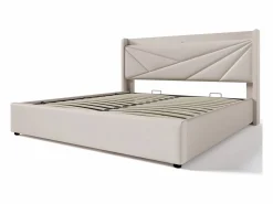 Hot ModernLuxe Cama contenedor de tela de lino 160x200 cm - con puerto USB y somier - Beige
