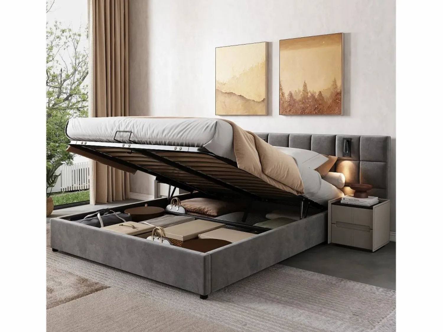 Outlet Cama contenedor de terciopelo - 180x200cm - con LED y puerto de carga - (mesita de noche no incluida) Cama Terciopelo
