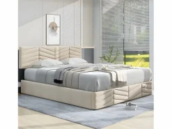 Discount Cama contenedor de terciopelo con somier de láminas + cabecero ajustable - 140x190cm - Cama Terciopelo