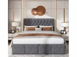 Outlet Cama contenedor tapizada en terciopelo - decorada con remaches - con somier de láminas - 180x200cm - Cama Terciopelo