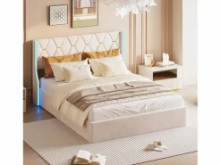 Cama de 140 x 190 cm - cama doble con somier - almacenaje - resorte de gas y tiras LED a cada lado del cabecero - terciopelo -