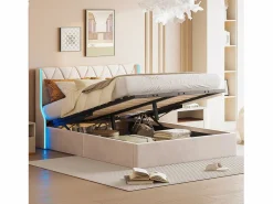 Cama de 140 x 190 cm - cama doble con somier - almacenaje - resorte de gas y tiras LED a cada lado del cabecero - terciopelo -