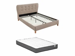 Vente-unique Cama de 160 x 200 cm con cabecero capitoné tela beige + colchón - ELIDE Crema