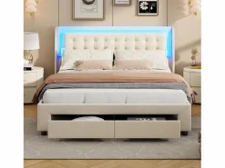 Cama de 140 x 190 cm con iluminación LED - Cama doble con canapé hidráulico y 2 cajones - Terciopelo - Beige Cama Terciopelo