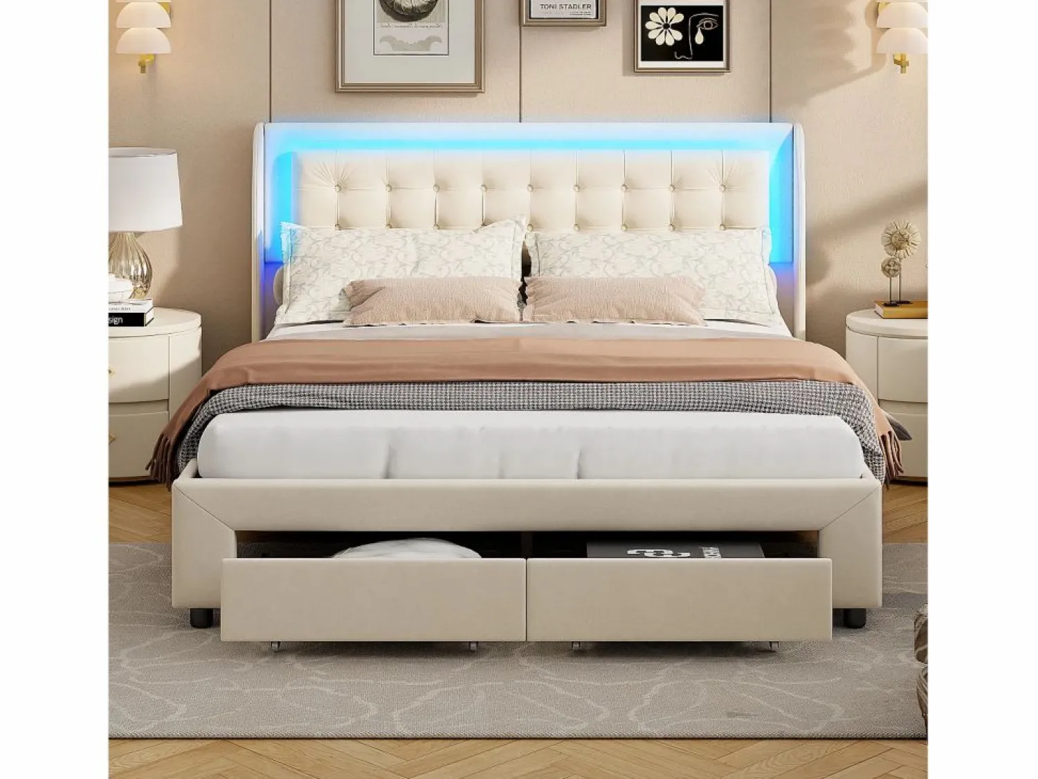 Cama de 140 x 190 cm con iluminación LED - Cama doble con canapé hidráulico y 2 cajones - Terciopelo - Beige Cama Terciopelo