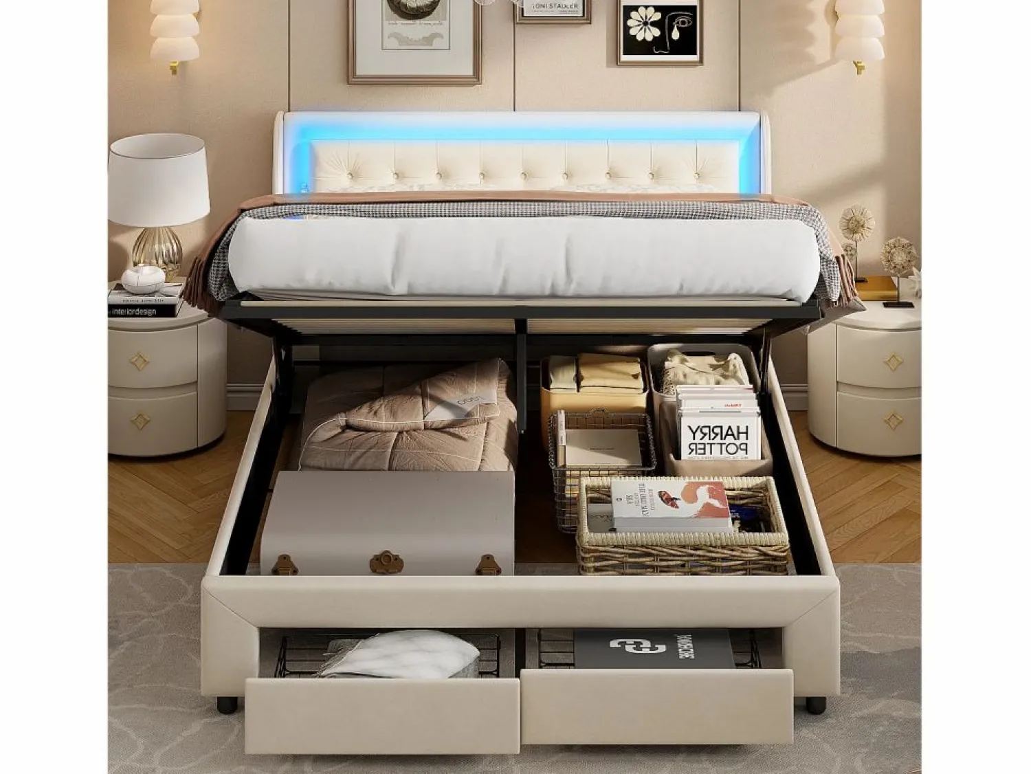 Cama de 140 x 190 cm con iluminación LED - Cama doble con canapé hidráulico y 2 cajones - Terciopelo - Beige Cama Terciopelo
