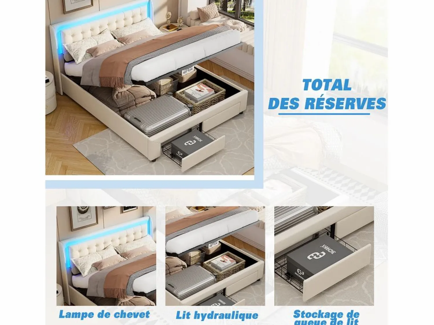 Cama de 140 x 190 cm con iluminación LED - Cama doble con canapé hidráulico y 2 cajones - Terciopelo - Beige Cama Terciopelo