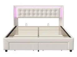 Cama de 140 x 190 cm con iluminación LED - Cama doble con canapé hidráulico y 2 cajones - Terciopelo - Beige Cama Terciopelo