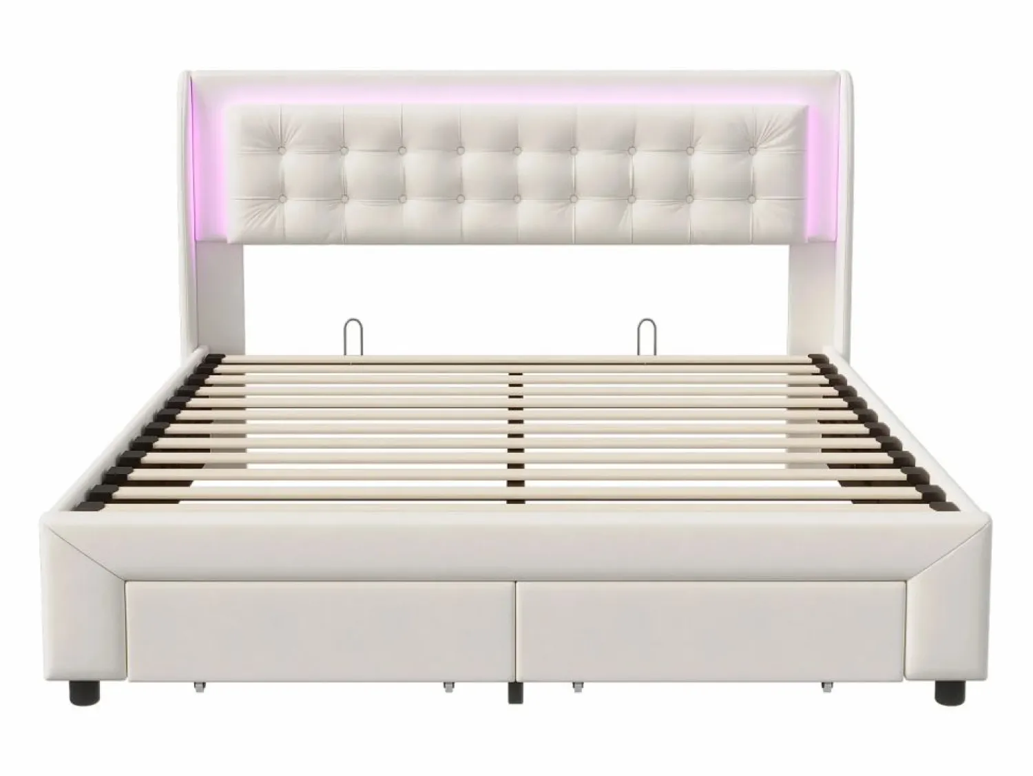 Cama de 140 x 190 cm con iluminación LED - Cama doble con canapé hidráulico y 2 cajones - Terciopelo - Beige Cama Terciopelo