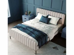 ModernLuxe Cama de adulto tapizada en tejido de lino - 160x200 cm - con cabecero regulable y somier de láminas -
