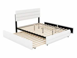 ModernLuxe Cama de adulto 140x200 cm en tejido de lino - con cama nido 90x190 cm y 2 cajones - cabecero regulable -