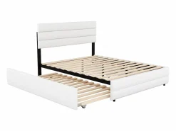 ModernLuxe Cama de adulto 140x200 cm en tejido de lino - con cama nido 90x190 cm y 2 cajones - cabecero regulable -