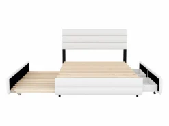 ModernLuxe Cama de adulto 140x200 cm en tejido de lino - con cama nido 90x190 cm y 2 cajones - cabecero regulable -