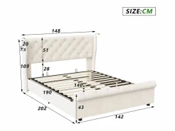 Clearance Cama de aire de 140 cm x 190 cm con almacenaje, lámpara de noche y toma de corriente, terciopelo Beige