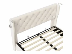 Clearance Cama de aire de 140 cm x 190 cm con almacenaje, lámpara de noche y toma de corriente, terciopelo Beige