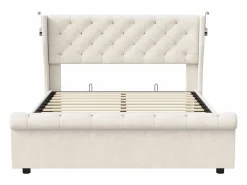Clearance Cama de aire de 140 cm x 190 cm con almacenaje, lámpara de noche y toma de corriente, terciopelo Beige