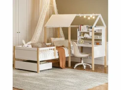 DripeX Cama de cabina 90 x 200 cm con escritorio y estante en forma de L - Cajón con ruedas - Madera sólida y MDF - White