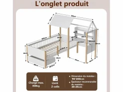 DripeX Cama de cabina 90 x 200 cm con escritorio y estante en forma de L - Cajón con ruedas - Madera sólida y MDF - White