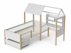 DripeX Cama de cabina 90 x 200 cm con escritorio y estante en forma de L - Cajón con ruedas - Madera sólida y MDF - White