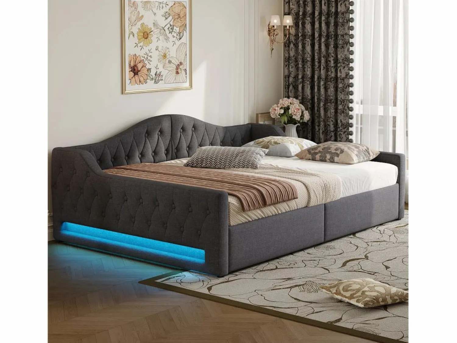 Hauss Spole Cama de día 140x200 cm en lino - Cama de adulto con canapé y LED
