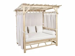Best MYLIA Cama de jardín con baldaquín de teca - Natural claro y blanco TULUM Color natural claro / Blanco