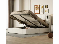 Cama de matrimonio 160 x 200 cm - Cabecero con luz de lectura - Compartimento hidráulico y somier de láminas - Terciopelo -