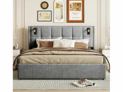 Best Cama de matrimonio 140 x 200 cm - Cabecero con luz de lectura - Compartimento hidráulico y somier de láminas - Terciopelo - Cama Terciopelo