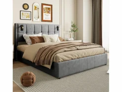 Best Cama de matrimonio 140 x 200 cm - Cabecero con luz de lectura - Compartimento hidráulico y somier de láminas - Terciopelo - Cama Terciopelo