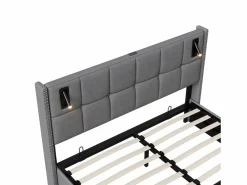Best Cama de matrimonio 140 x 200 cm - Cabecero con luz de lectura - Compartimento hidráulico y somier de láminas - Terciopelo - Cama Terciopelo