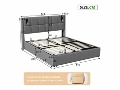 Best Cama de matrimonio 140 x 200 cm - Cabecero con luz de lectura - Compartimento hidráulico y somier de láminas - Terciopelo - Cama Terciopelo