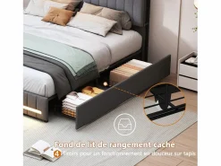 Sale Cama de matrimonio tapizada con somier de láminas y 4 cajones, 140x190 cm, con LED y USB, color lino y . Cama Con Almacenaje|Cama Adulto