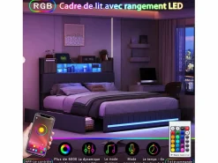 Sale Cama de matrimonio tapizada con somier de láminas y 4 cajones, 140x190 cm, con LED y USB, color lino y . Cama Con Almacenaje|Cama Adulto