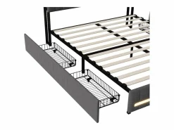 Sale Cama de matrimonio tapizada con somier de láminas y 4 cajones, 140x190 cm, con LED y USB, color lino y . Cama Con Almacenaje|Cama Adulto