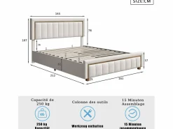 Best Cama de terciopelo con canapé de 160x200 cm - con palanca neumática - con somier de láminas - Beige