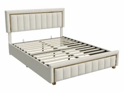 Best Cama de terciopelo con canapé de 160x200 cm - con palanca neumática - con somier de láminas - Beige