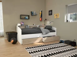 New Vente-unique Cama de 90x200 cm con cajones y estantes, acabado blanco y natural + Somier de láminas - PAULETTE Color natural claro / Blanco