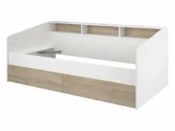 New Vente-unique Cama de 90x200 cm con cajones y estantes, acabado blanco y natural + Somier de láminas - PAULETTE Color natural claro / Blanco
