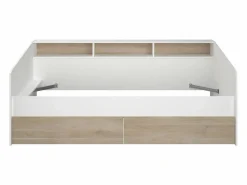 New Vente-unique Cama de 90x200 cm con cajones y estantes, acabado blanco y natural + Somier de láminas - PAULETTE Color natural claro / Blanco
