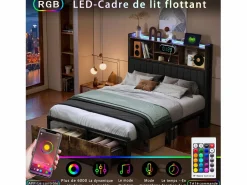 Clearance Cama doble 140 x 200 cm con 2 cajones - Iluminación LED y puerto USB - Cabecero con espacio de almacenaje - Negro