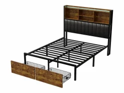 Clearance Cama doble 140 x 200 cm con 2 cajones - Iluminación LED y puerto USB - Cabecero con espacio de almacenaje - Negro