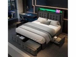 New Merax Cama doble canapé tapizada - 140 x 200 cm - Colchón + Leds + 4 cajones + Cabecero con USB - Tejido de algodón - Gris