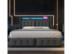 New Merax Cama doble canapé tapizada - 140 x 200 cm - Colchón + Leds + 4 cajones + Cabecero con USB - Tejido de algodón - Gris