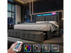 Best Merax Cama doble canapé tapizada - 160 x 200 cm - Colchón + Leds + 4 cajones + Cabecero con USB - Tejido de algodón - Gris