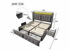 Best Merax Cama doble canapé tapizada - 160 x 200 cm - Colchón + Leds + 4 cajones + Cabecero con USB - Tejido de algodón - Gris