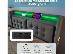 Best Merax Cama doble canapé tapizada - 160 x 200 cm - Colchón + Leds + 4 cajones + Cabecero con USB - Tejido de algodón - Gris