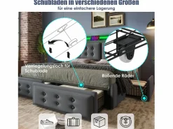 Best Merax Cama doble canapé tapizada - 160 x 200 cm - Colchón + Leds + 4 cajones + Cabecero con USB - Tejido de algodón - Gris