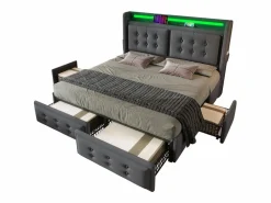 Best Merax Cama doble canapé tapizada - 160 x 200 cm - Colchón + Leds + 4 cajones + Cabecero con USB - Tejido de algodón - Gris