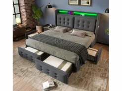Best Merax Cama doble canapé tapizada - 160 x 200 cm - Colchón + Leds + 4 cajones + Cabecero con USB - Tejido de algodón - Gris