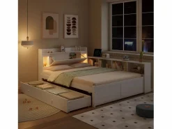Discount Cama doble con canapé - 140 x 200 cm - cabecero con canapé + 2 luces - armarios laterales + cajón - aglomerado + MDF - Cama Con Canapé|Cama Con Almacenaje