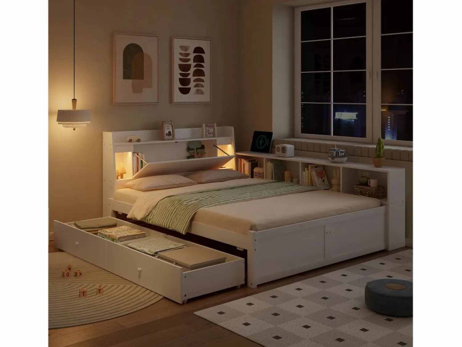 Discount Cama doble con canapé - 140 x 200 cm - cabecero con canapé + 2 luces - armarios laterales + cajón - aglomerado + MDF - Cama Con Canapé|Cama Con Almacenaje